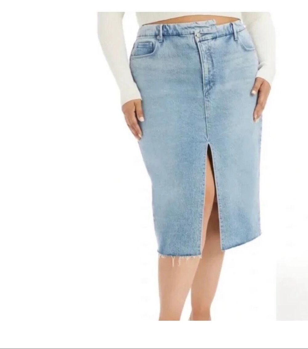 Good American Crossover Denim Front Slit MIDI Pencil Skirt Size 6